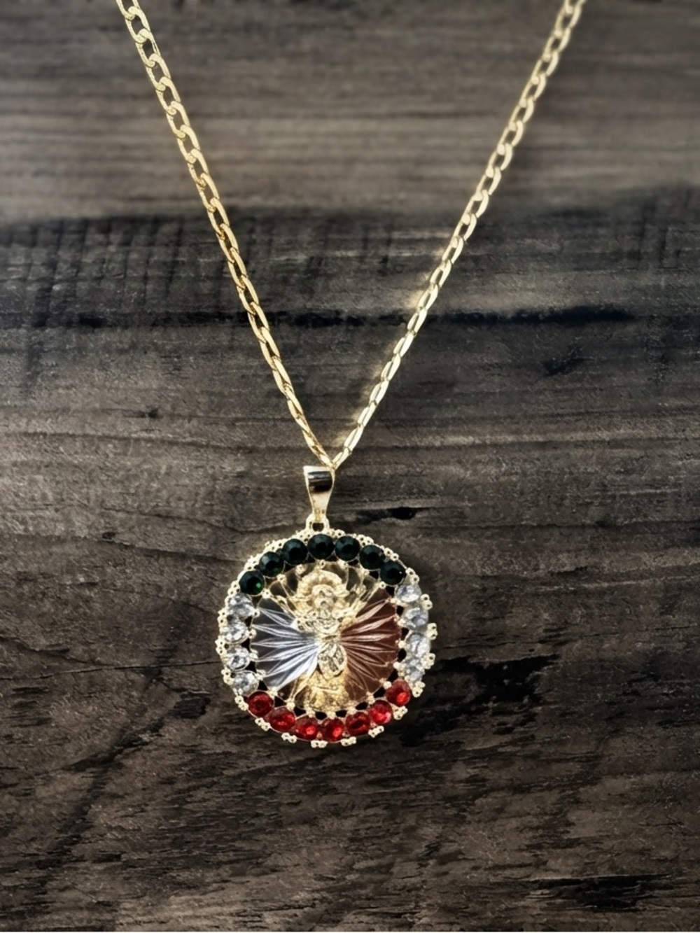 18k Gold Plated Divino Niño Pendant Necklace with Red, Green & White Stones